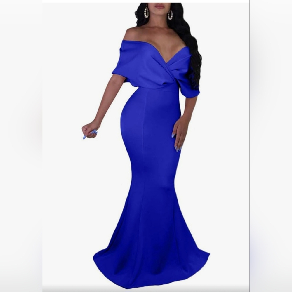 GOBLES Women Sexy V Neck Off The Shoulder Gown Fishtail Maxi Dress size large